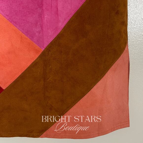 Rare Colorblock Suede Skirt ASO Phoebe Buffay Friends Pink Red Brown Patchwork - Picture 7 of 11